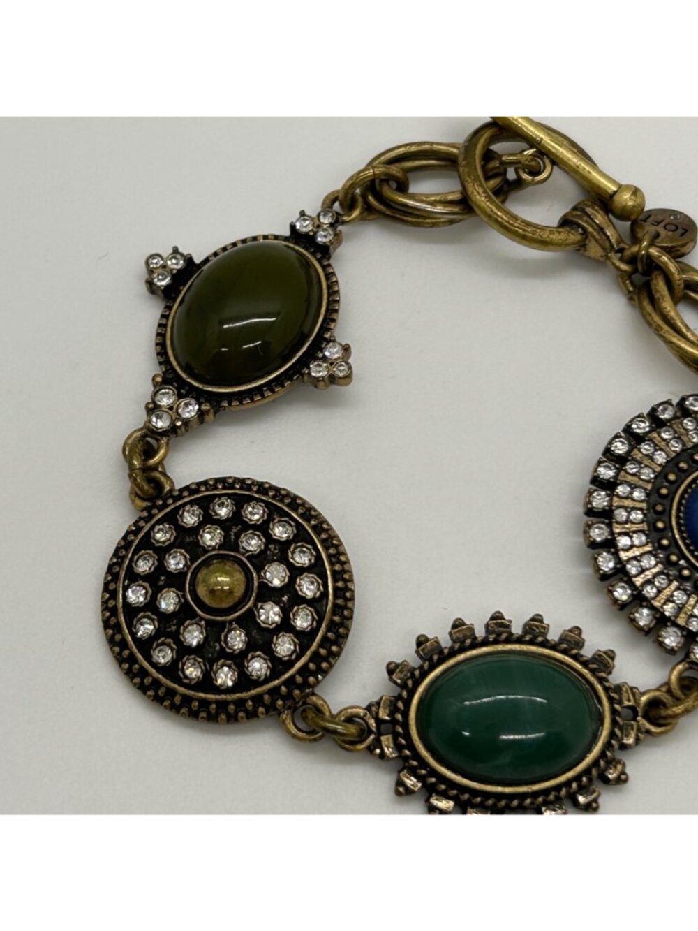 LOFT Vintage Brass Gold Tone Cabochon Stone Pave Crystal Link Bracelet - Picture 5 of 10